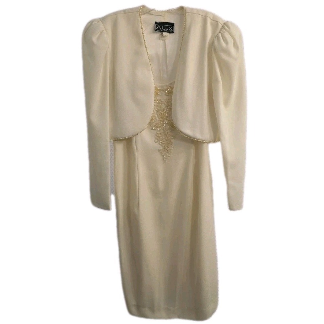 1980s Alex Evenings White Pearls Puffy Sleeve Coat Two Piece Dress Set Size 14